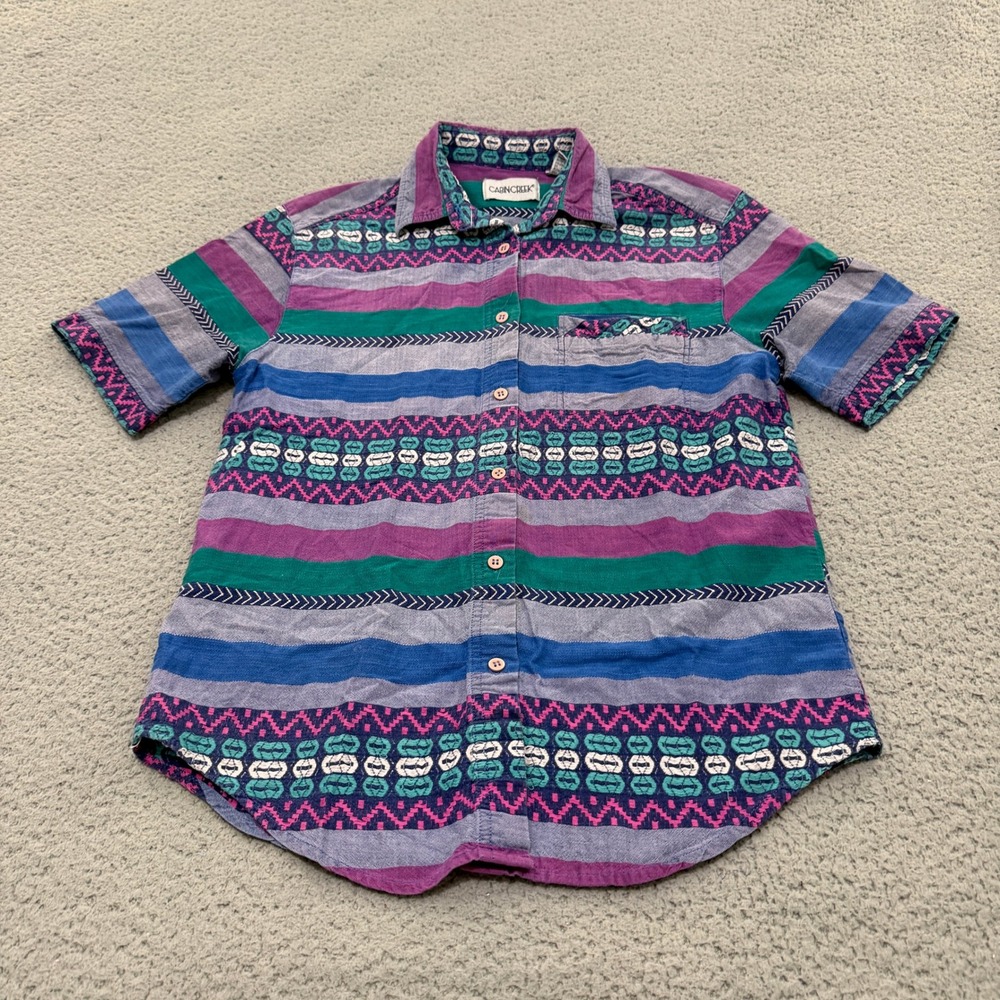 VTG Cabin Creek Shirt Womens Medium Short Sleeve Button Up Striped Geometric